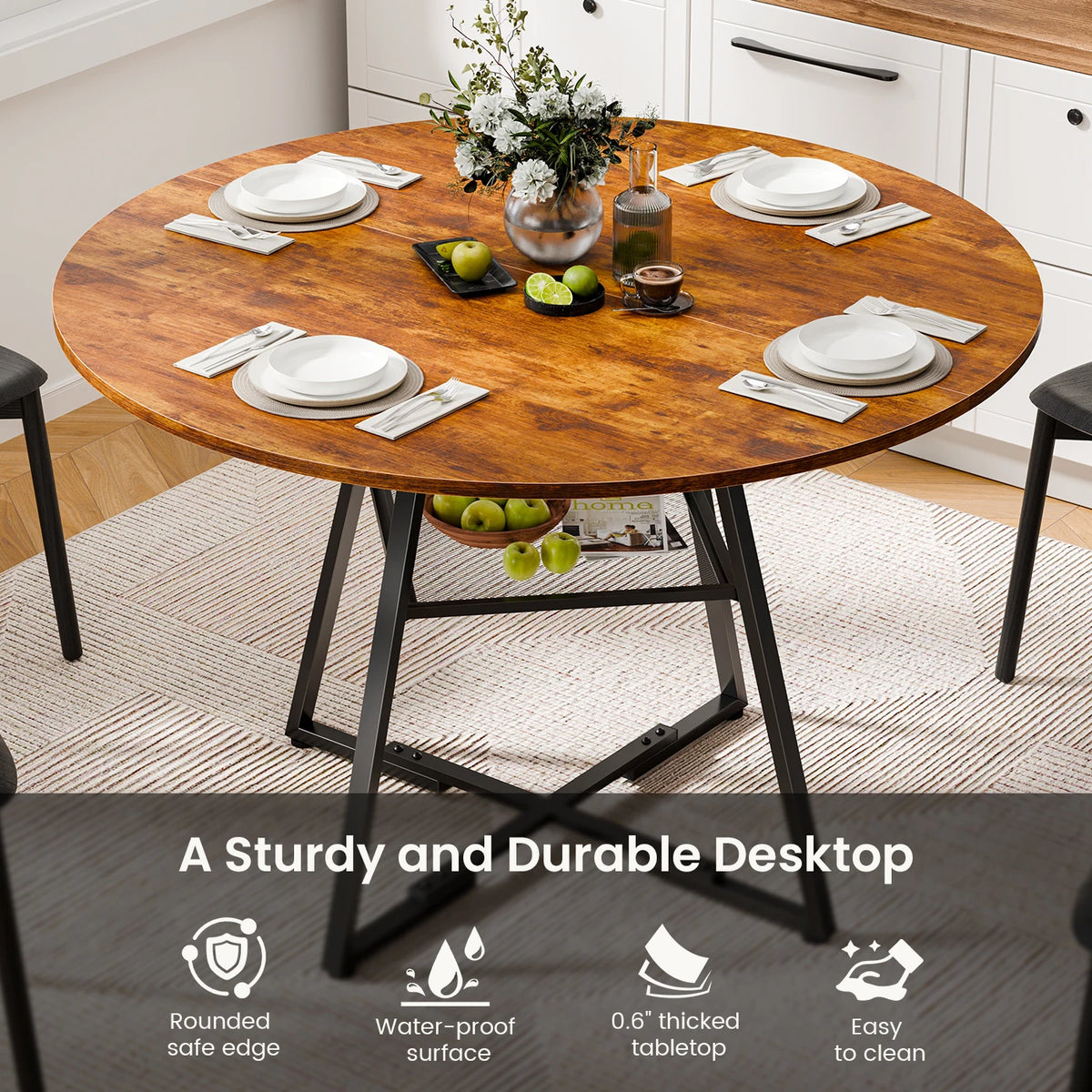 JHK Round Dining Table With Metal Pedestal And Storage Shelf