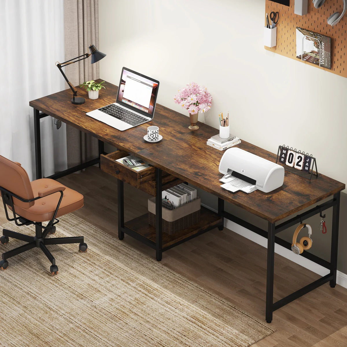 Tribesigns Wooden Double Computer Desk With Drawers And Shelves
