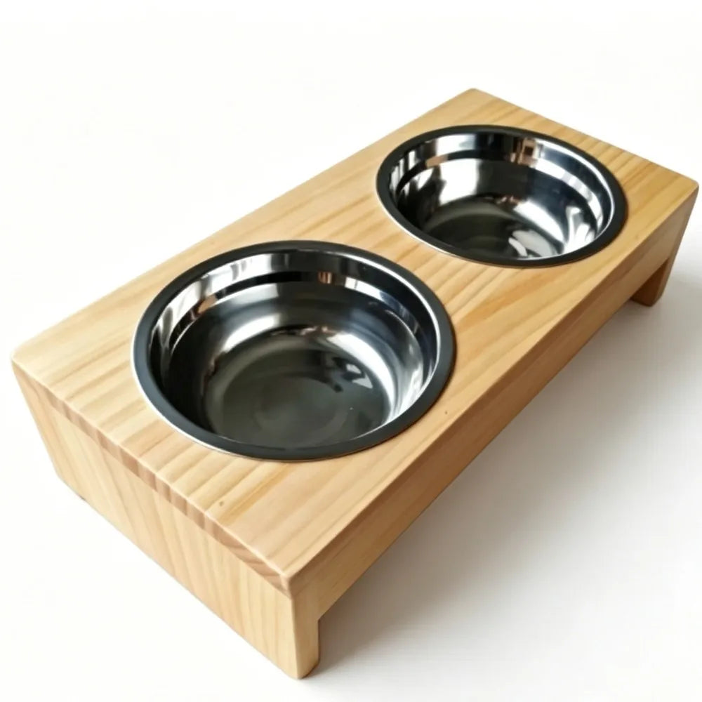 Wooden Elevated Dog Feeder With Stainless Steel Double Bowls