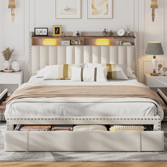 Enhomee Upholstered Platform Bed Frame With Storage Headboard And Drawers