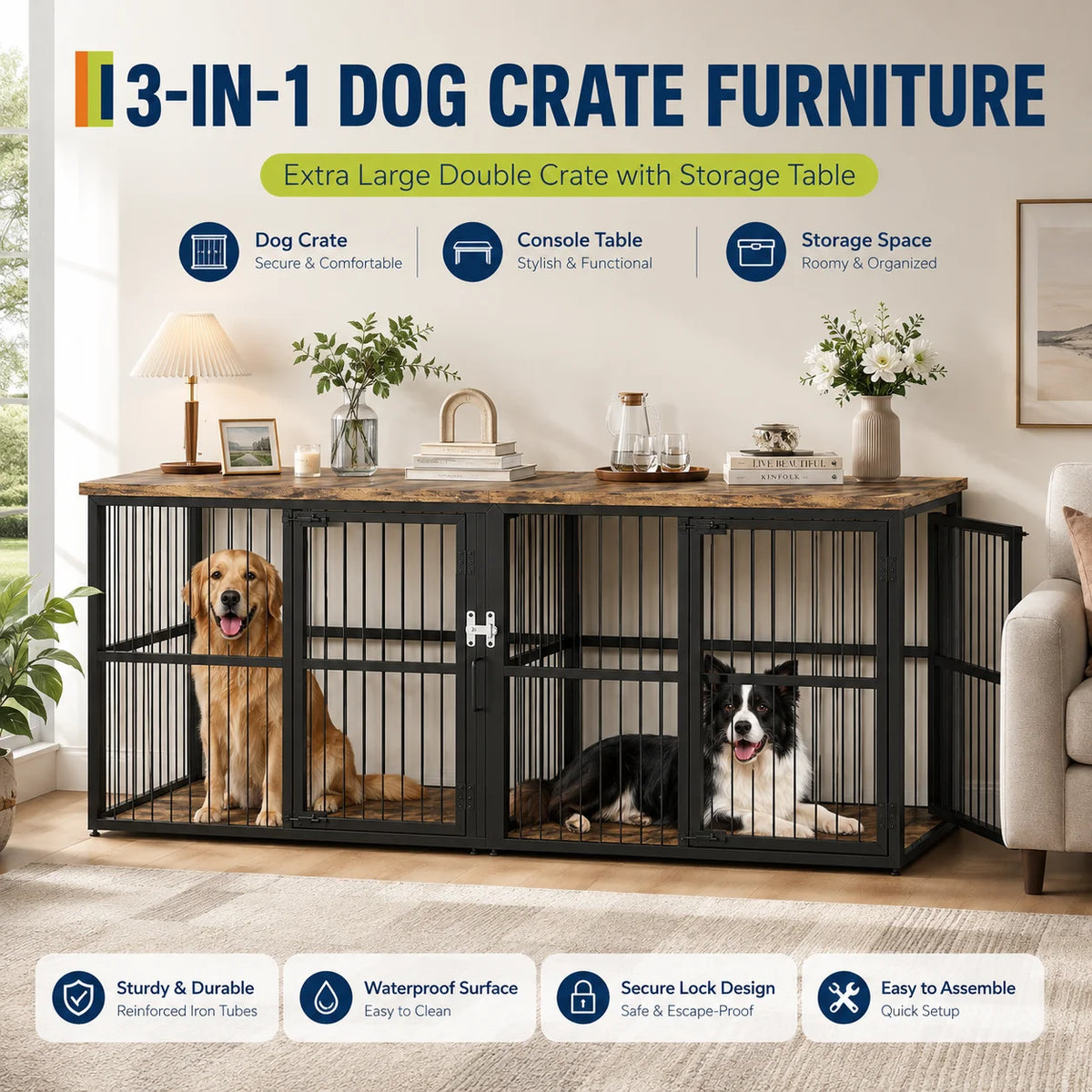 Double Wooden Dog Crate Furniture Cabinet With Divider And Storage