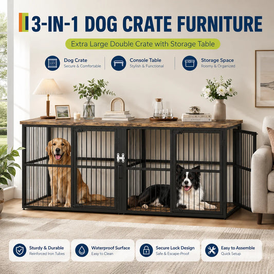 Double Wooden Dog Crate Furniture Cabinet With Divider And Storage