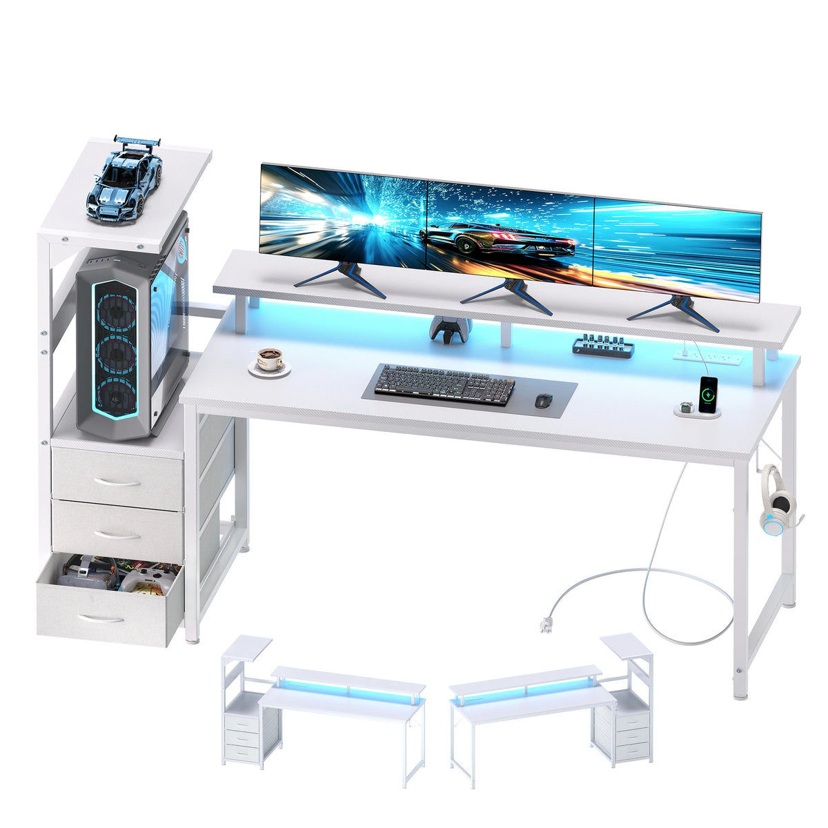 MCQ Standing Metal Office Desk With Built In USB Charging LED Storage Drawers