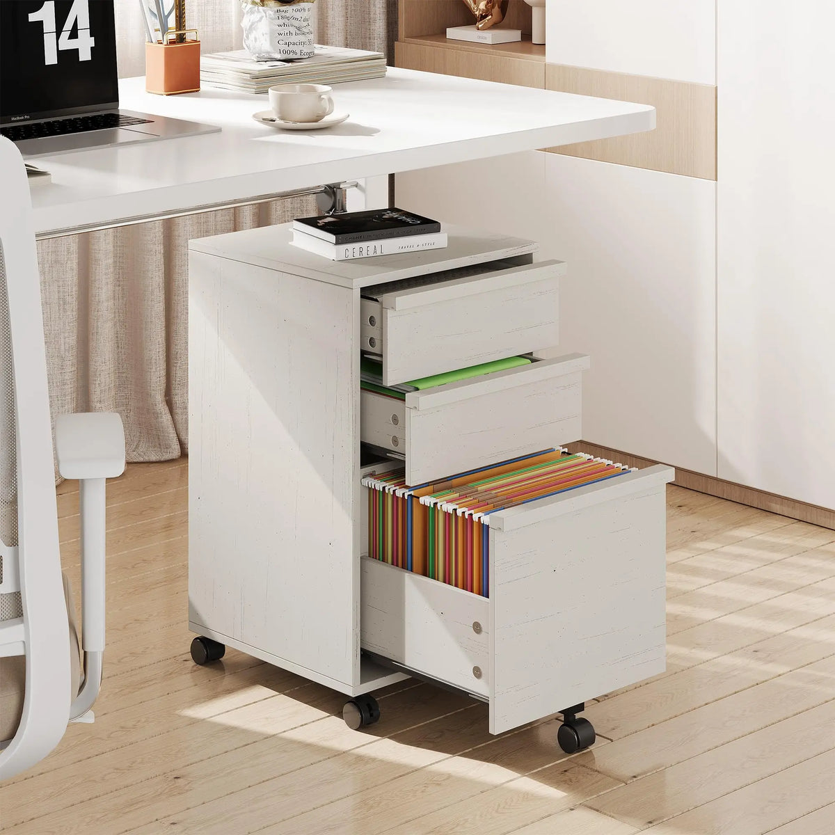 HiMISS Mobile Rolling 3 Drawers Wood Locking Office Filing Cabinet