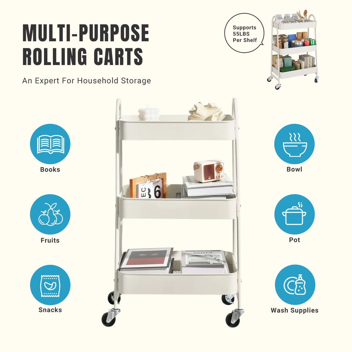 JHK Metal Storage Cart With Lockable Wheels For Home