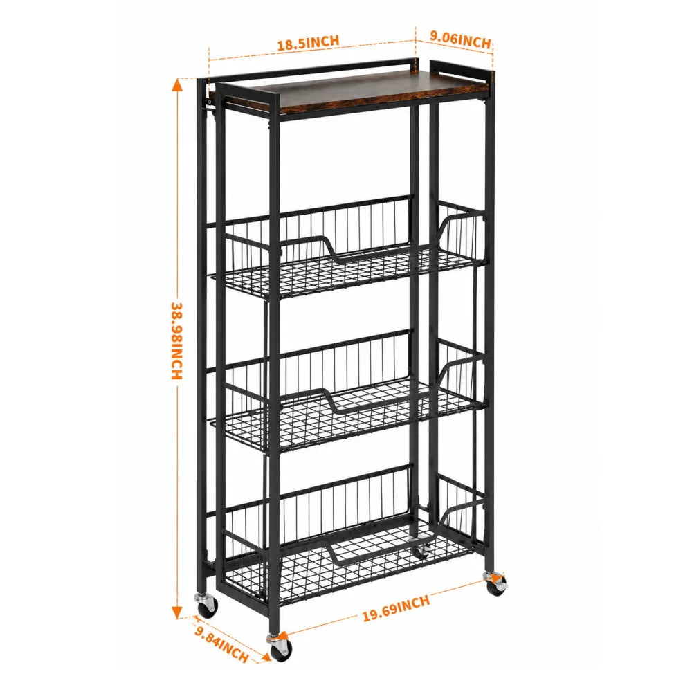 Four Tier Steel Foldable Storage Cart With Lockable Caster Wheels