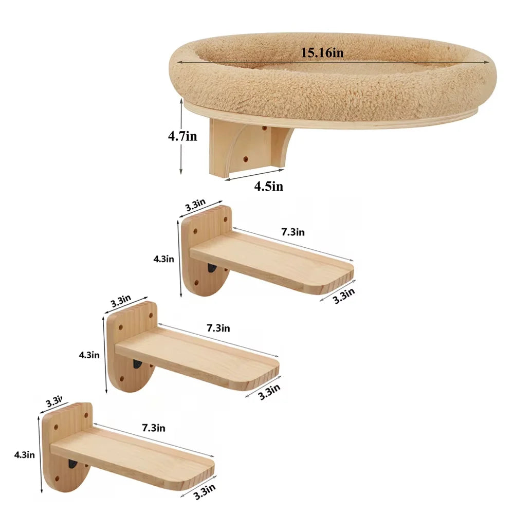 Wall Mounted Wooden Cat Ladder With Hammock And Scratching Post