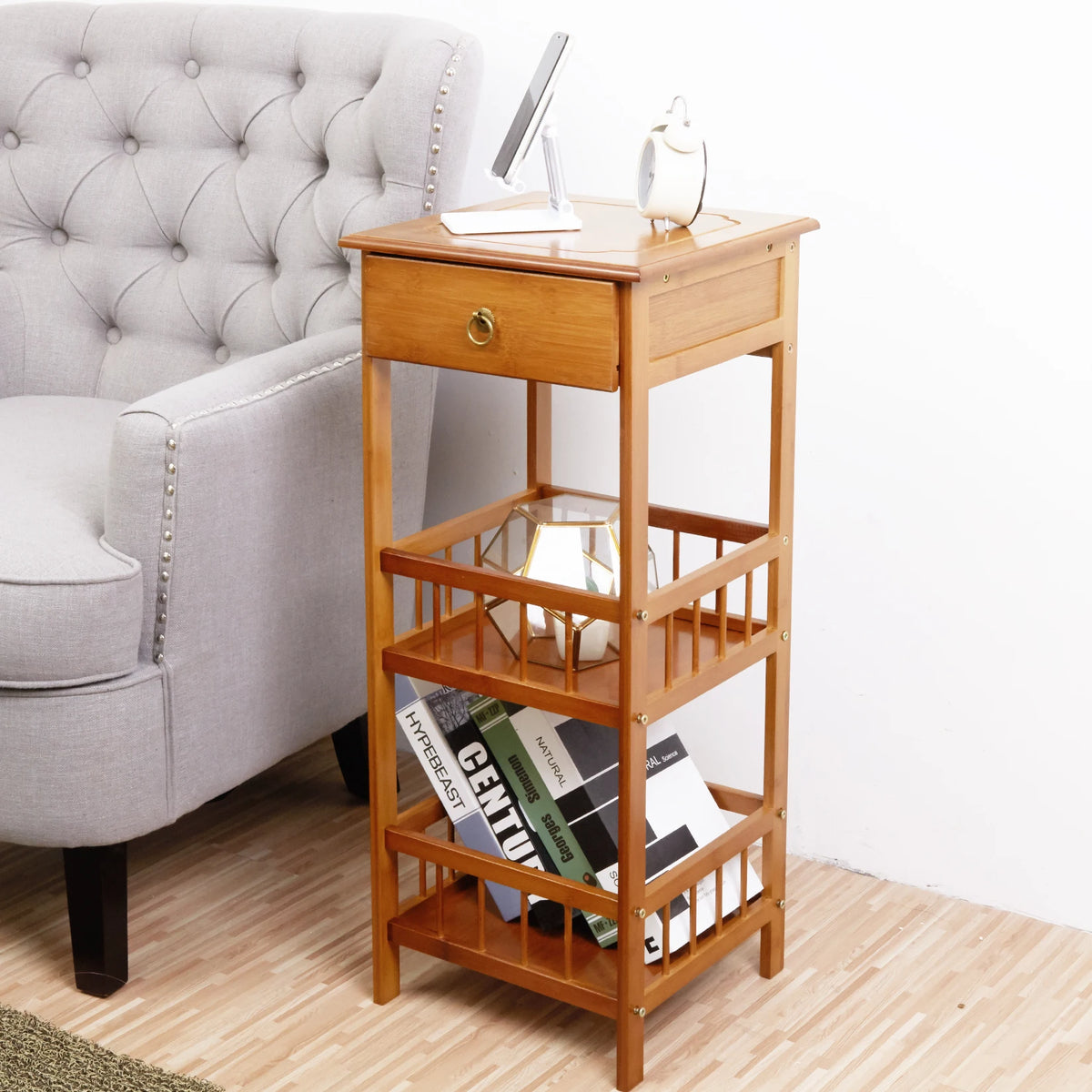 Luvodi Bamboo Bedside Table With Drawer And Storage Shelf