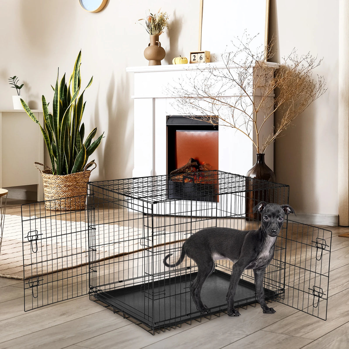 Jhk Double Door Folding Metal Dog Kennel With Leakproof Tray