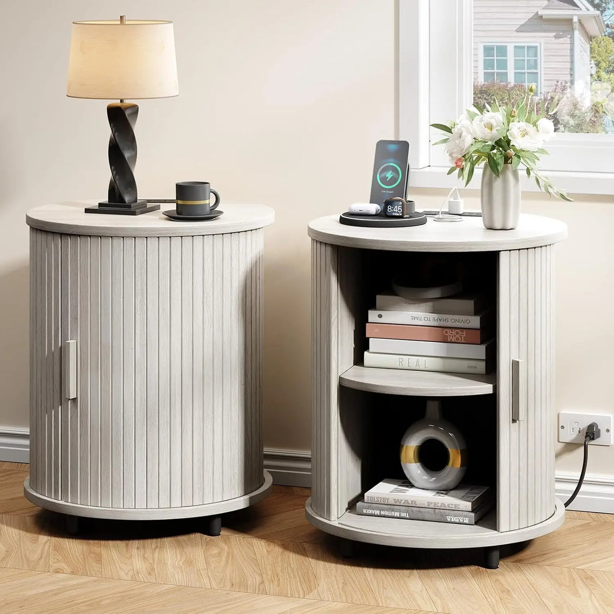 Onbrill Fluted Round End Table Set Of Two Wooden Nightstands