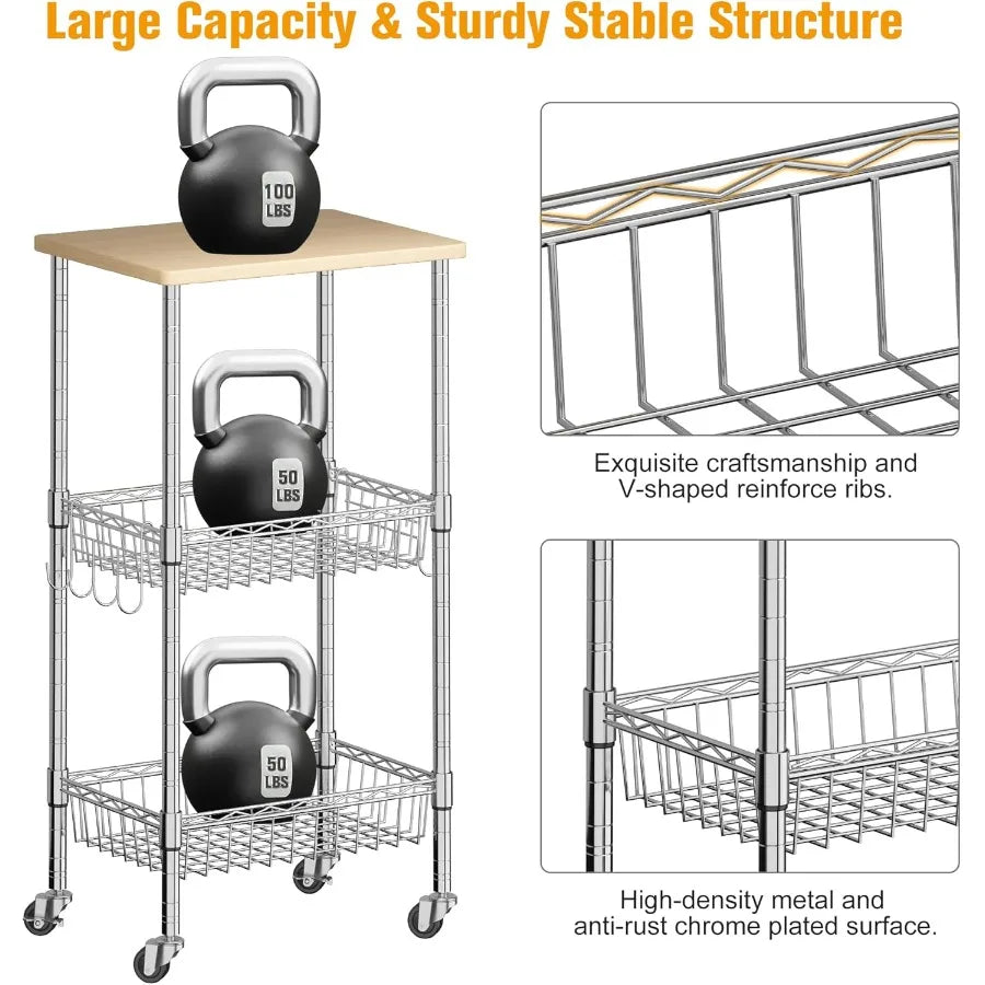 XIUWO 3-Tier Rolling Kitchen Cart with Casters and Adjustable Baskets