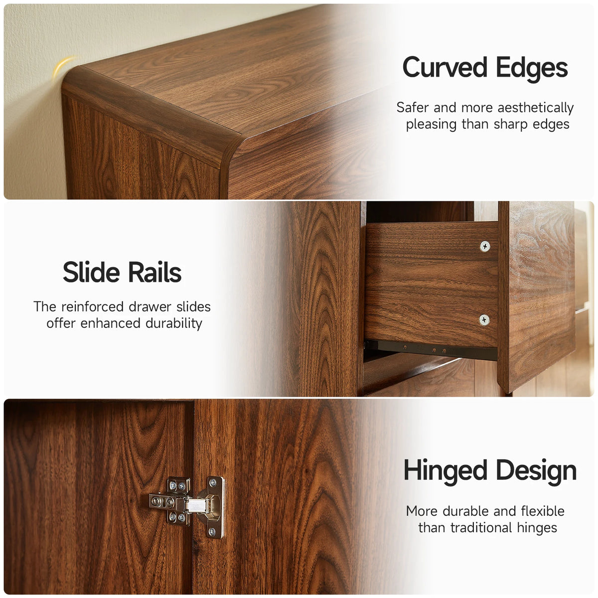 Onbrill Walnut Brown Sideboard With 4 Drawers Curved Cabinet