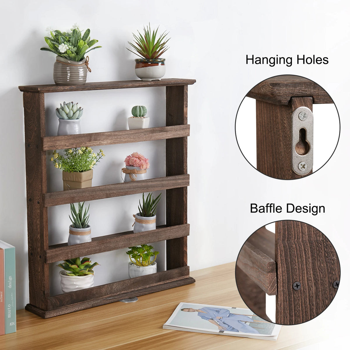 Rustic Torched Wood Bamboo Wall Mounted 4-Tier Spice Rack Organizer