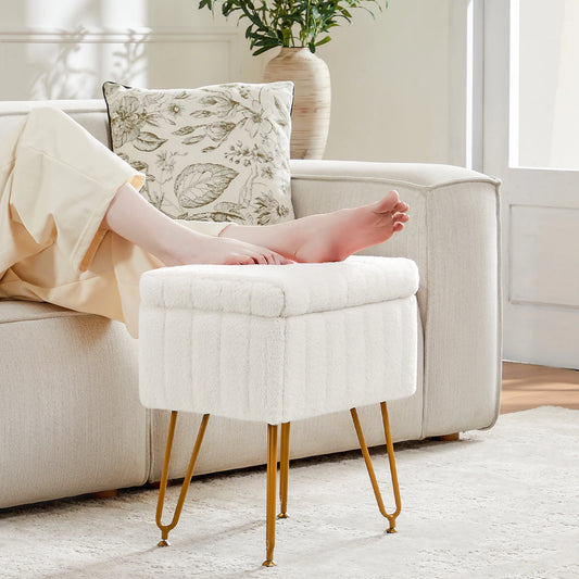 JHK Faux Fur Storage Ottoman With Padded Seat And Metal Legs