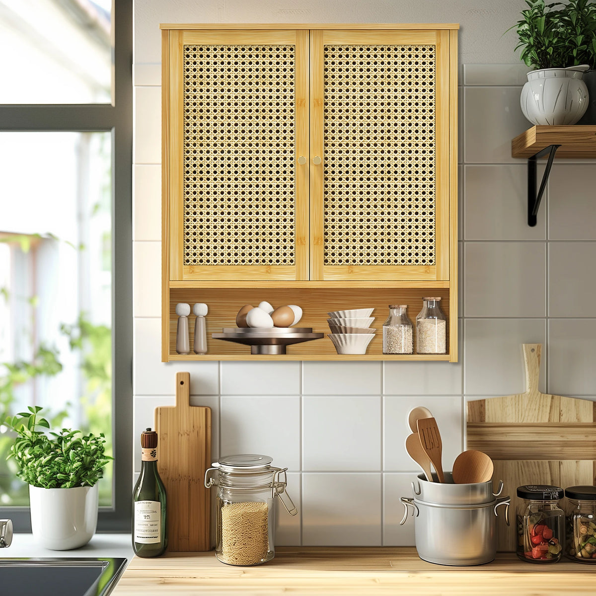 Bamboo Wall Cabinet With 3 Shelves And 2 Doors Bathroom