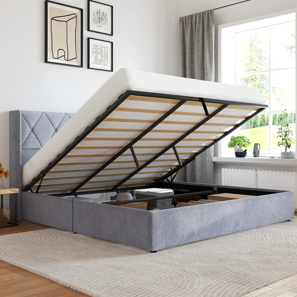 JHK Modern Upholstered Wingback Platform Bed With Hydraulic Lift Storage