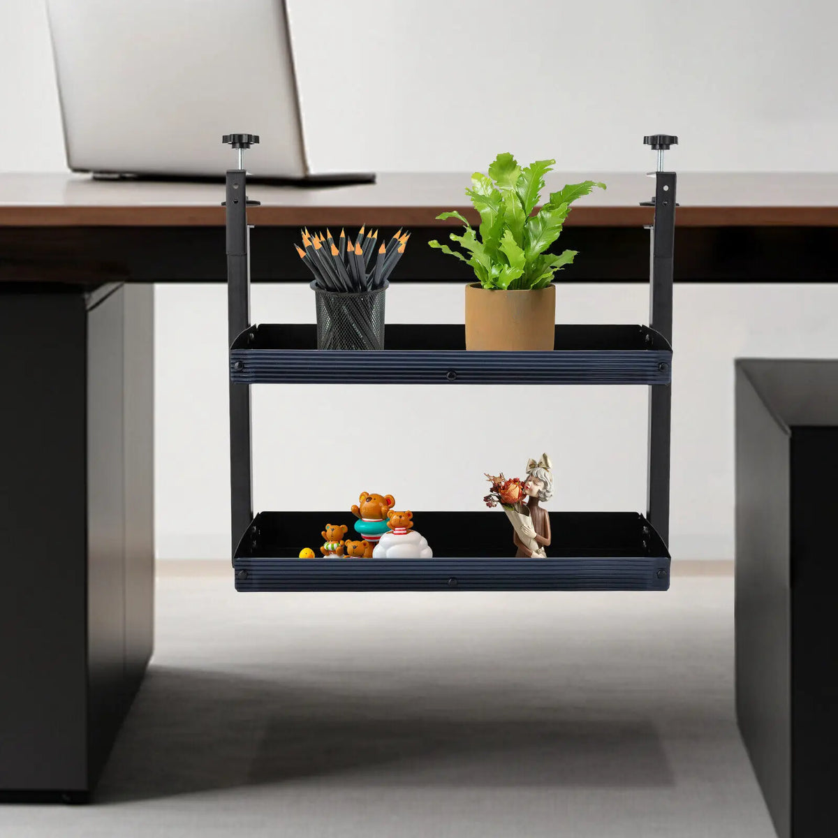 Adjustable Metal 2-Tier Clamp-On Desktop Shelving With Tray
