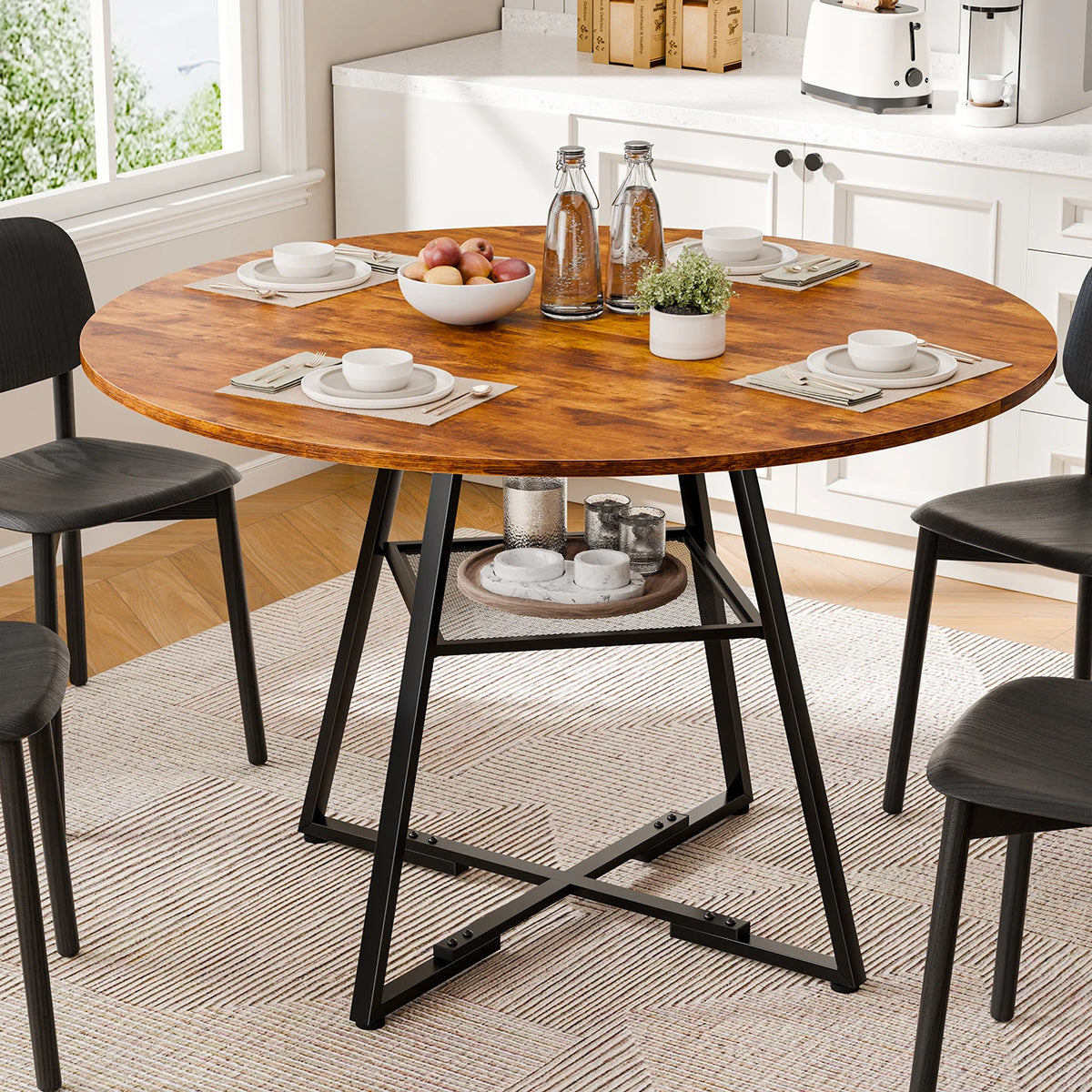 JHK Round Dining Table With Metal Pedestal And Storage Shelf