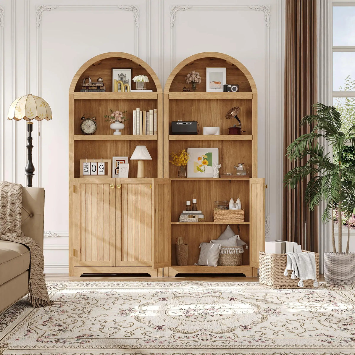 HiMISS Arched Wooden Bookcase With Doors And Shelves