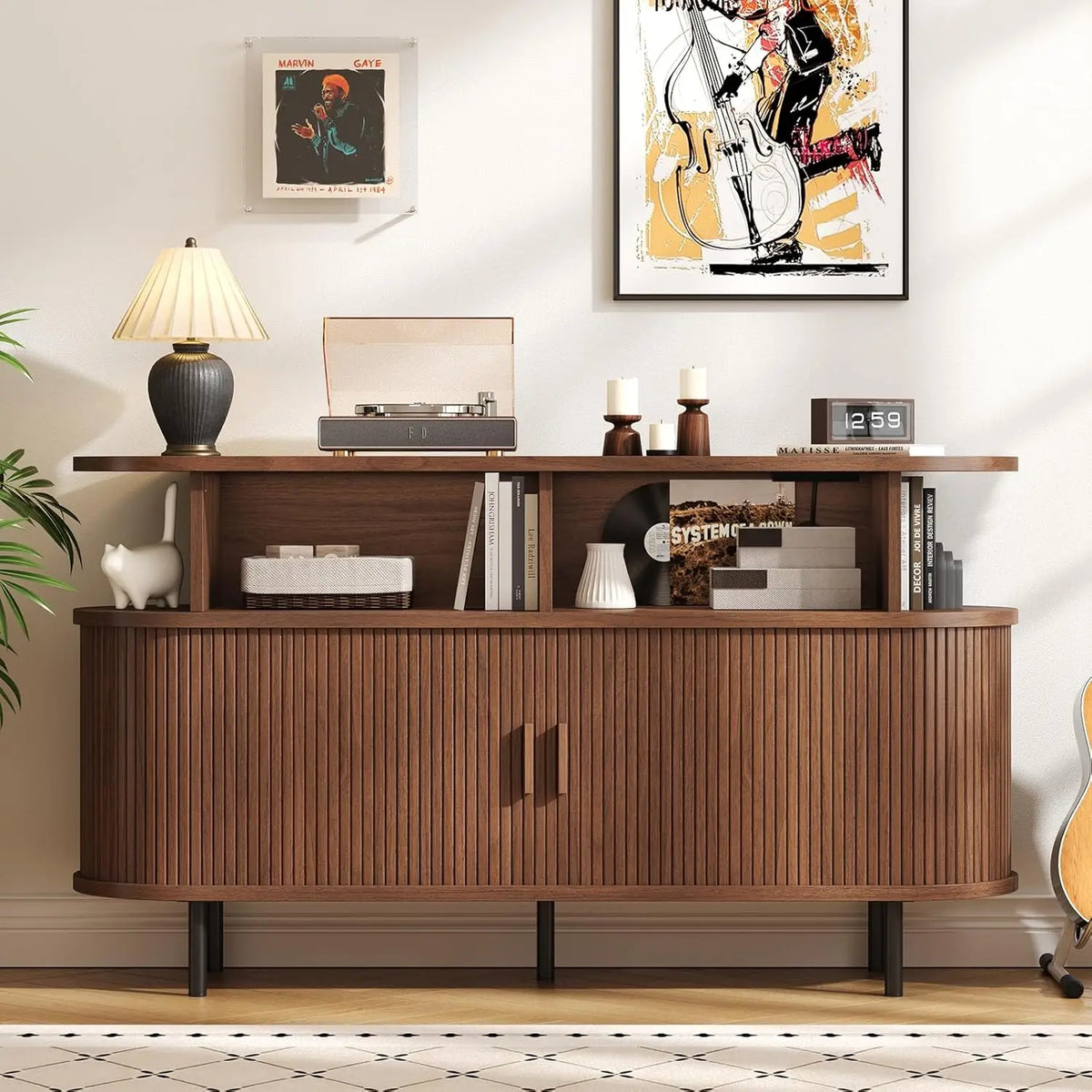 Onbrill 55 Inch Walnut Mid Century Modern Turntable Cabinet