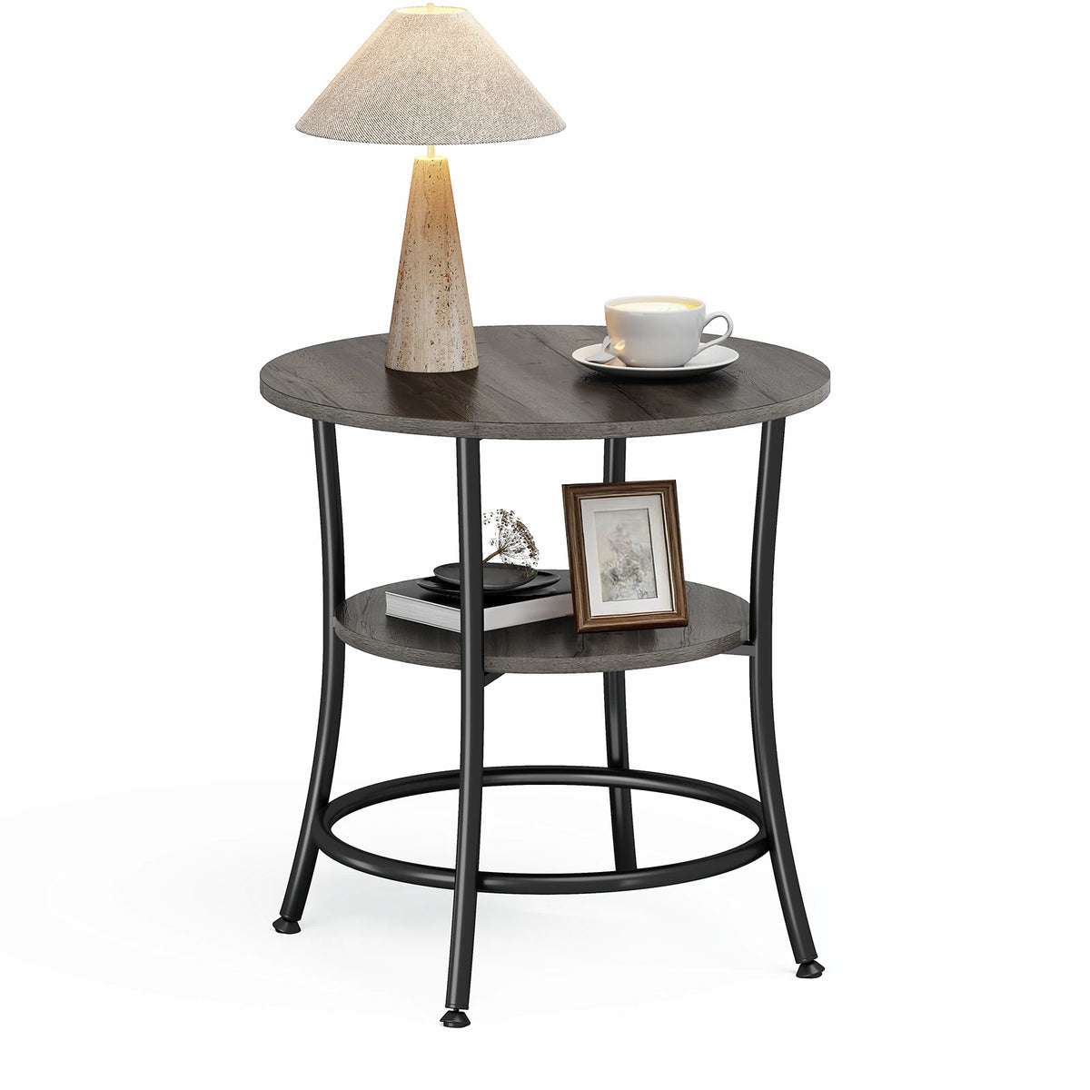 JHK Two Tier Round Accent Table With Metal Storage Shelf