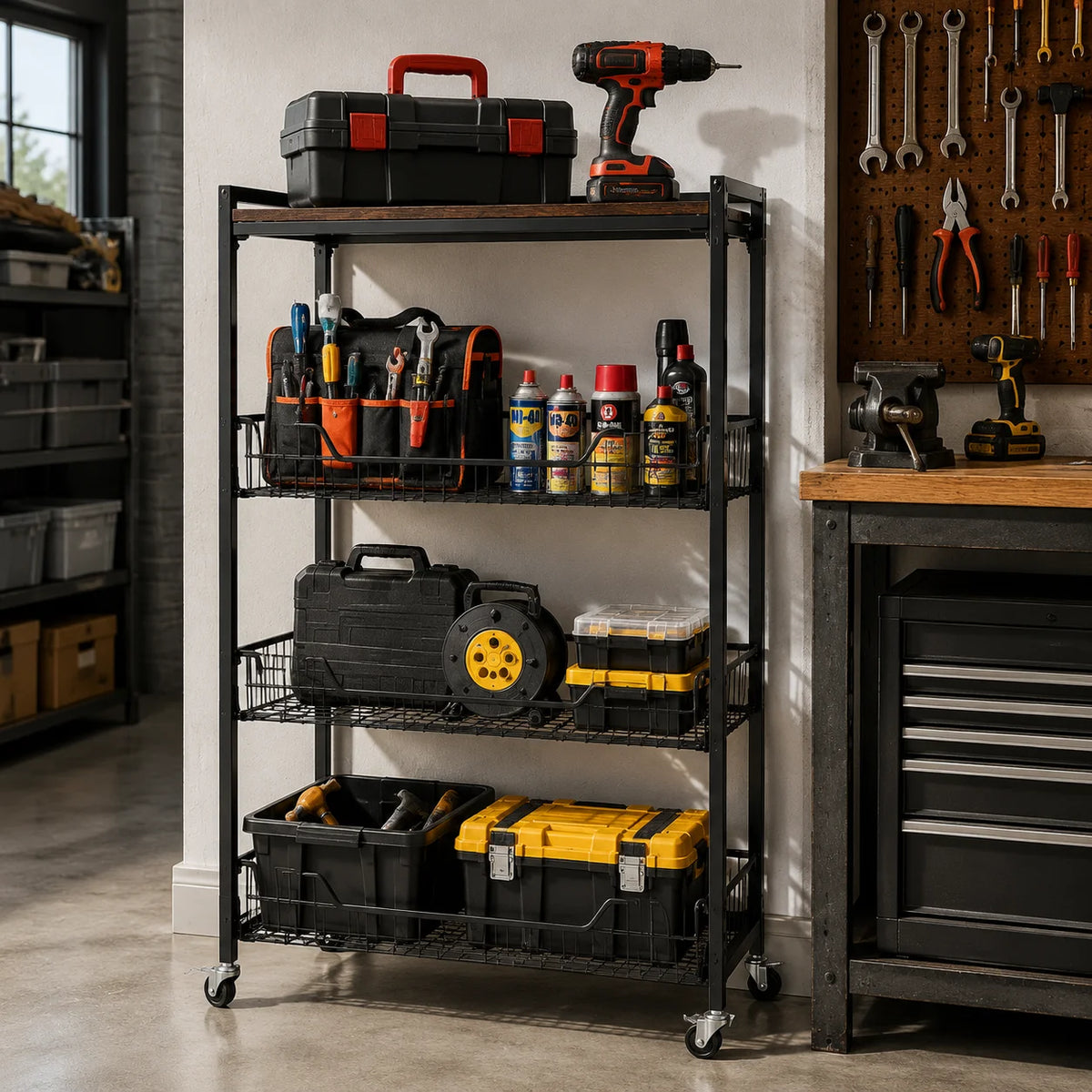 Four Tier Steel Foldable Storage Cart With Lockable Caster Wheels