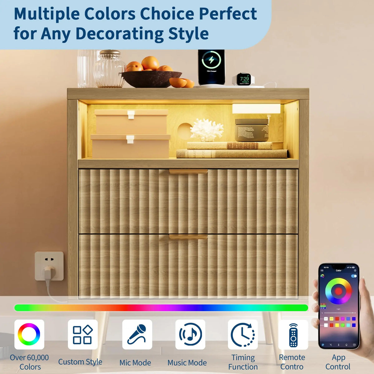 HiMISS Modern LED Nightstand With Charging Station And Two Drawers