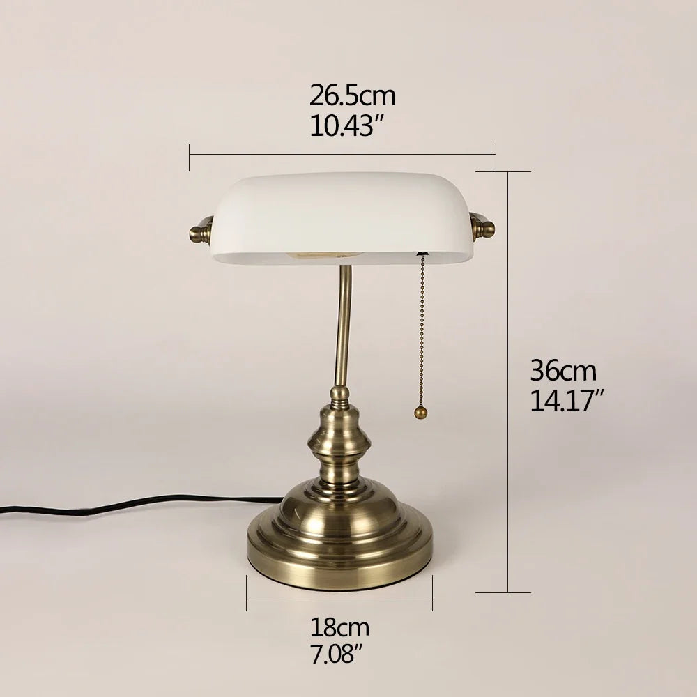 Glass Banker’s Desk Lamp With Zipper Switch Iron Body