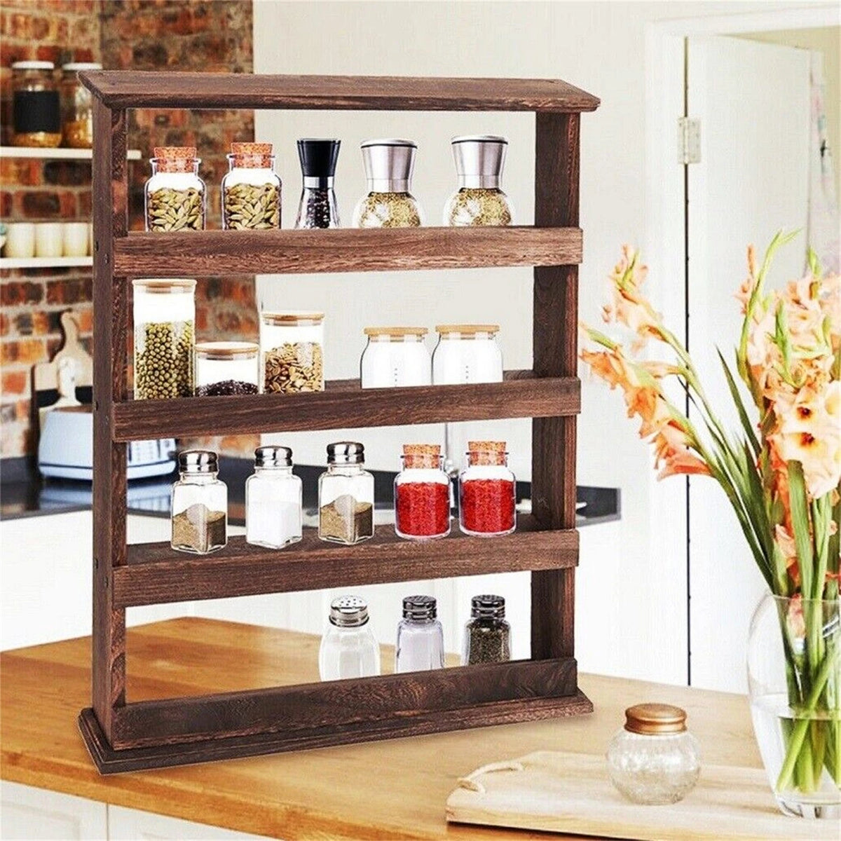 Rustic Torched Wood Bamboo Wall Mounted 4-Tier Spice Rack Organizer
