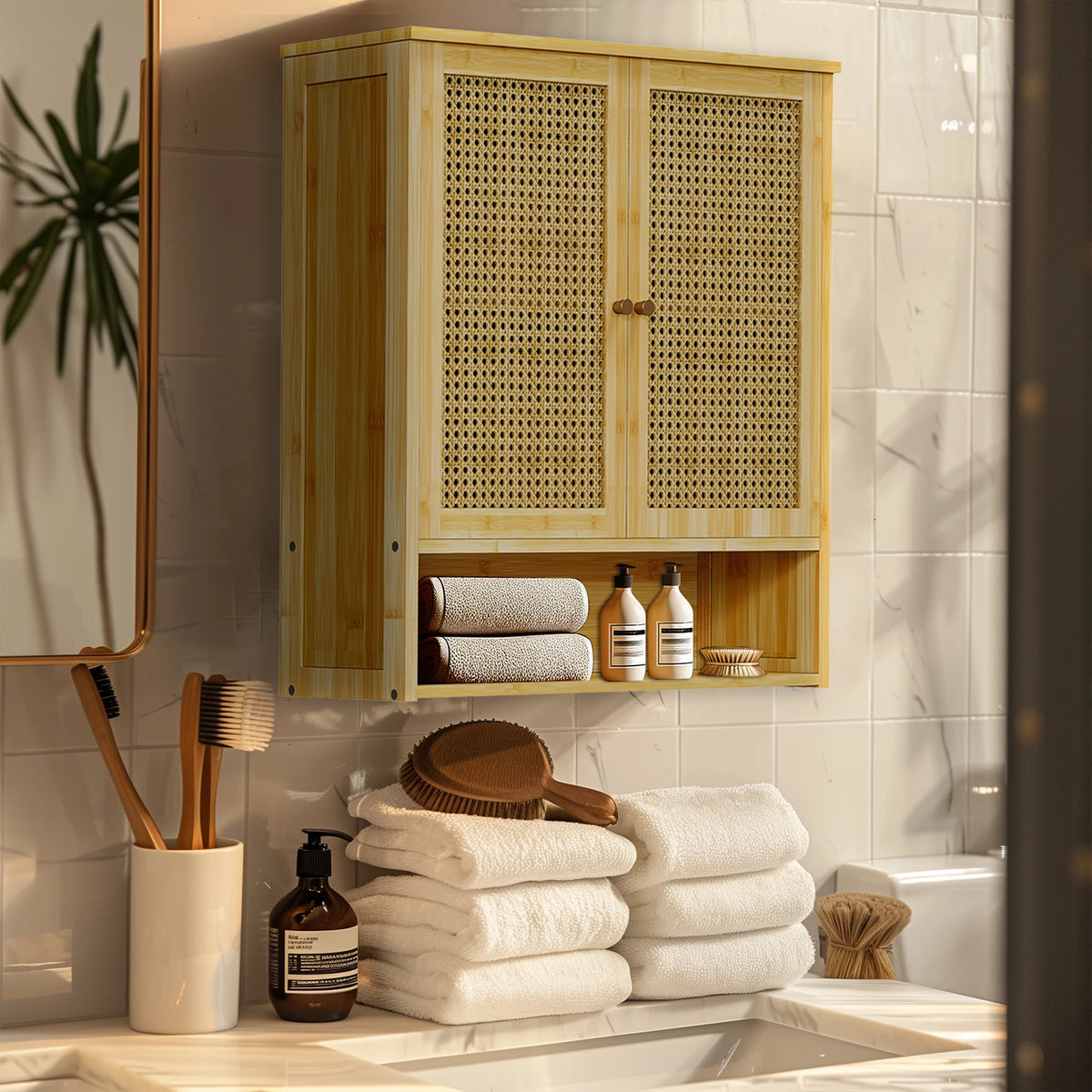 Bamboo Wall Cabinet With 3 Shelves And 2 Doors Bathroom