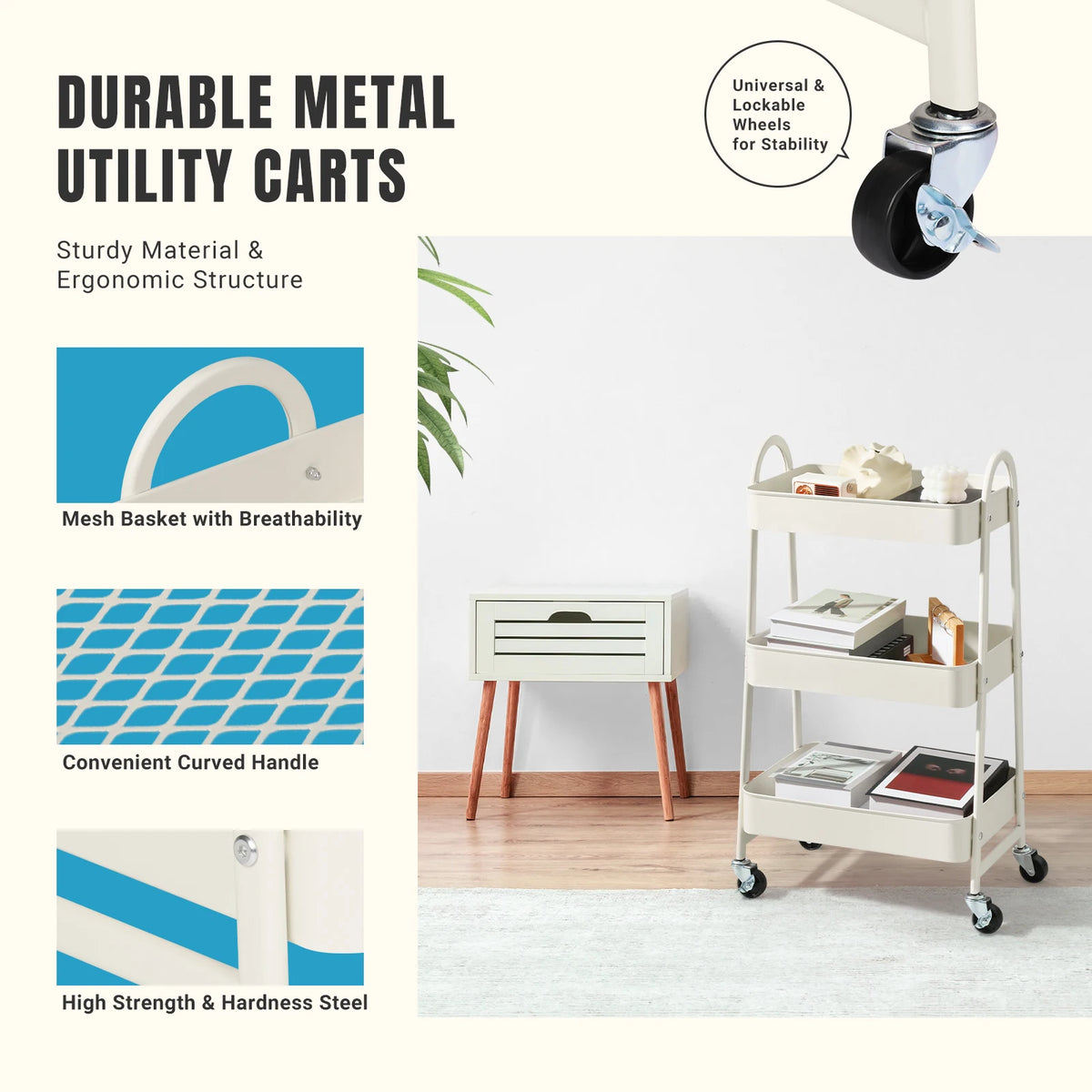 JHK Metal Storage Cart With Lockable Wheels For Home