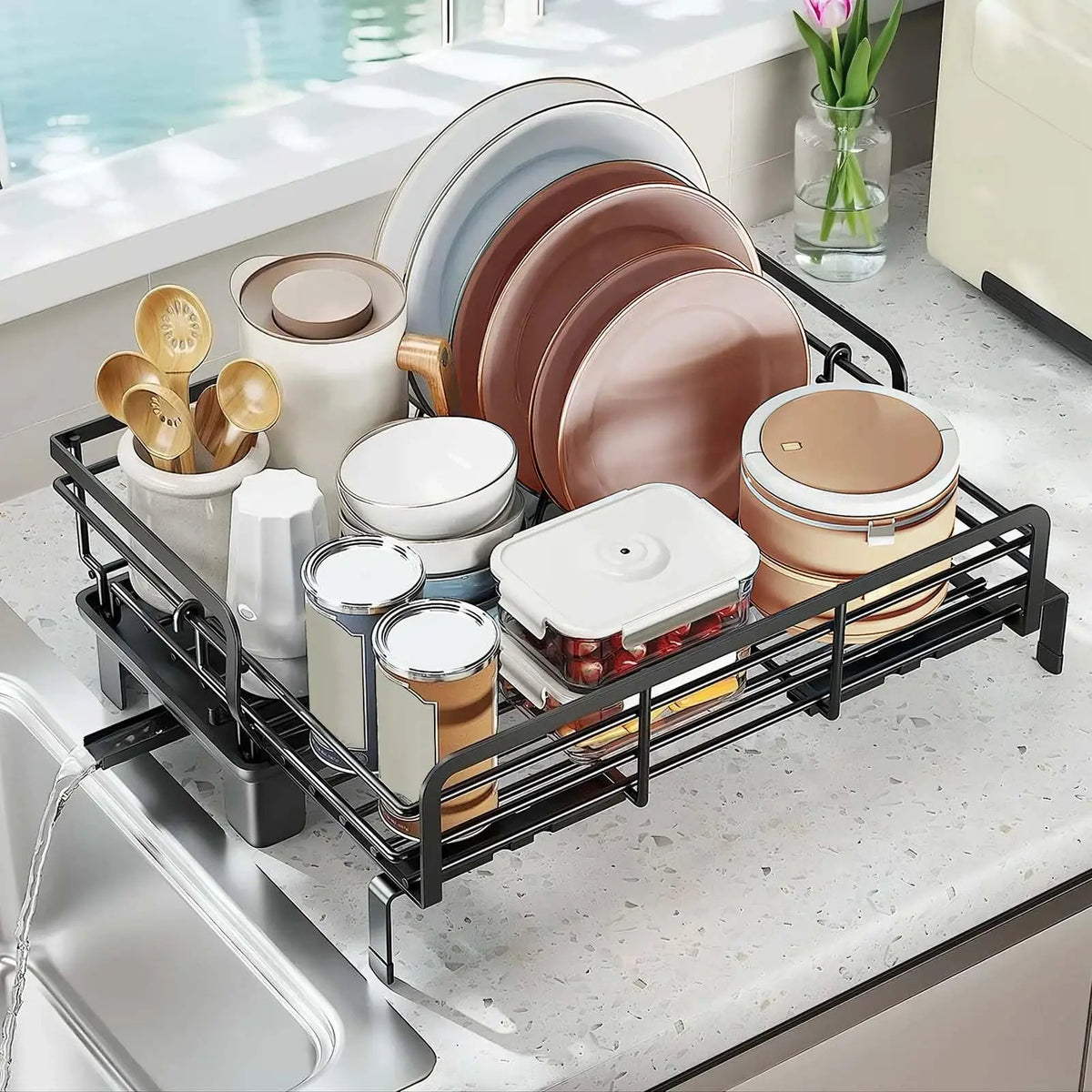 Adjustable Over Sink Stainless Steel Dish Drying Rack With Drainboard