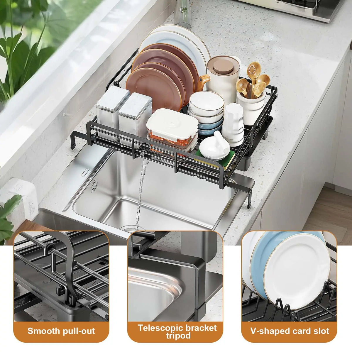 Adjustable Over Sink Stainless Steel Dish Drying Rack With Drainboard