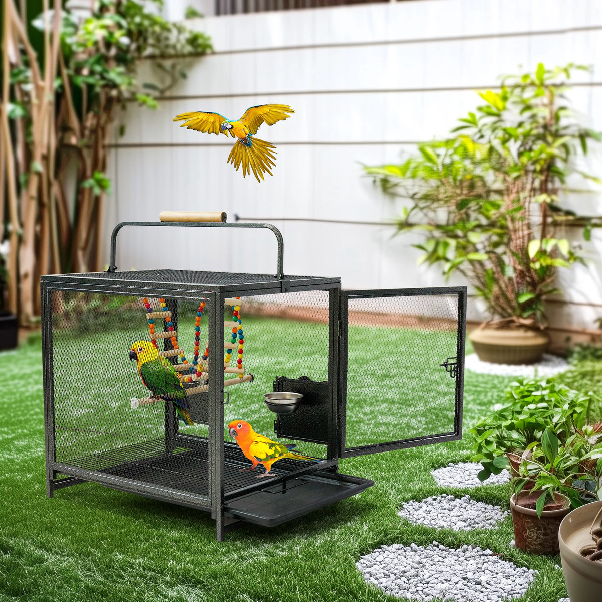 Wrought Iron Parrot Travel Cage With Wooden Perch Seed Guard