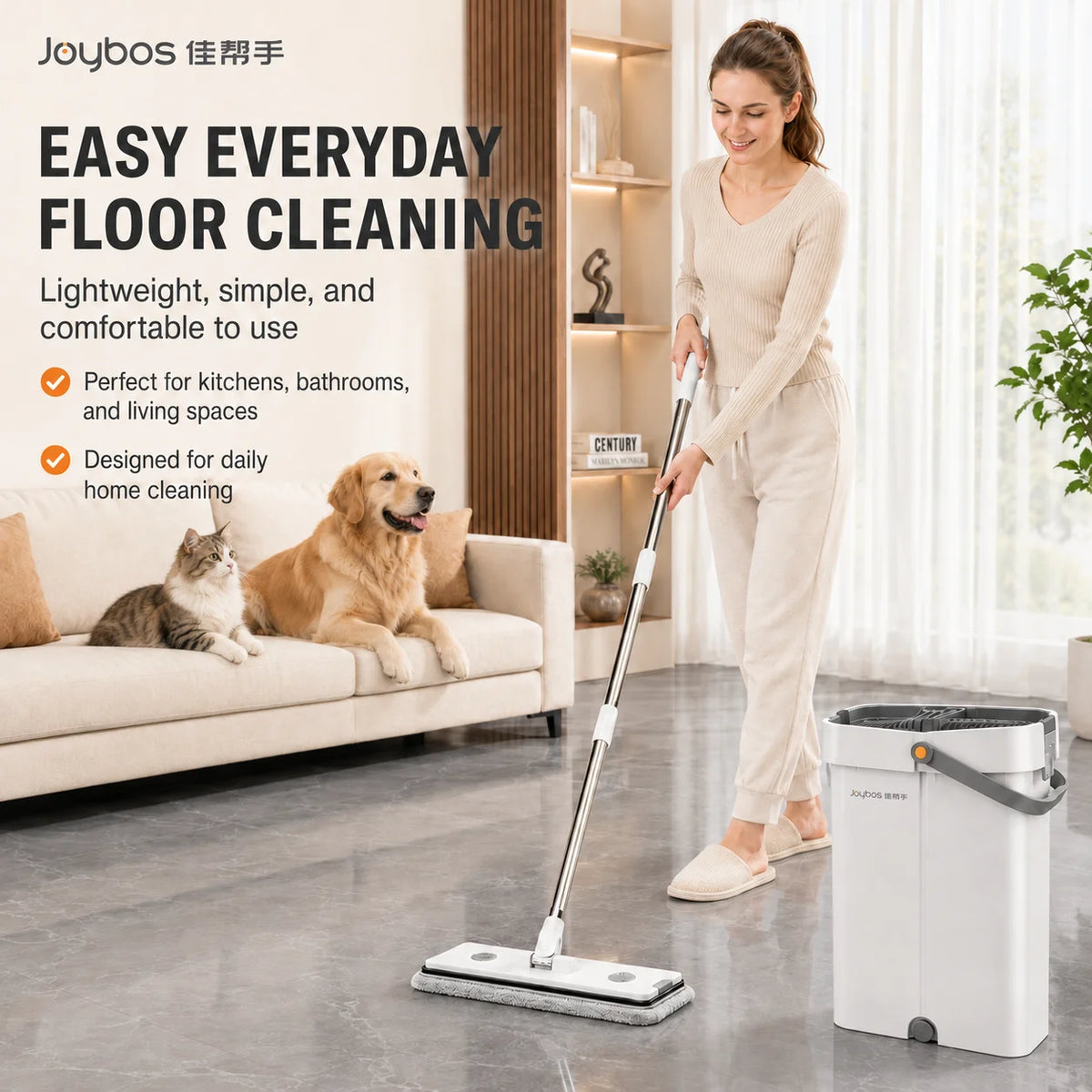 Joybos Flat Mop And Bucket System With Two Microfiber Pads
