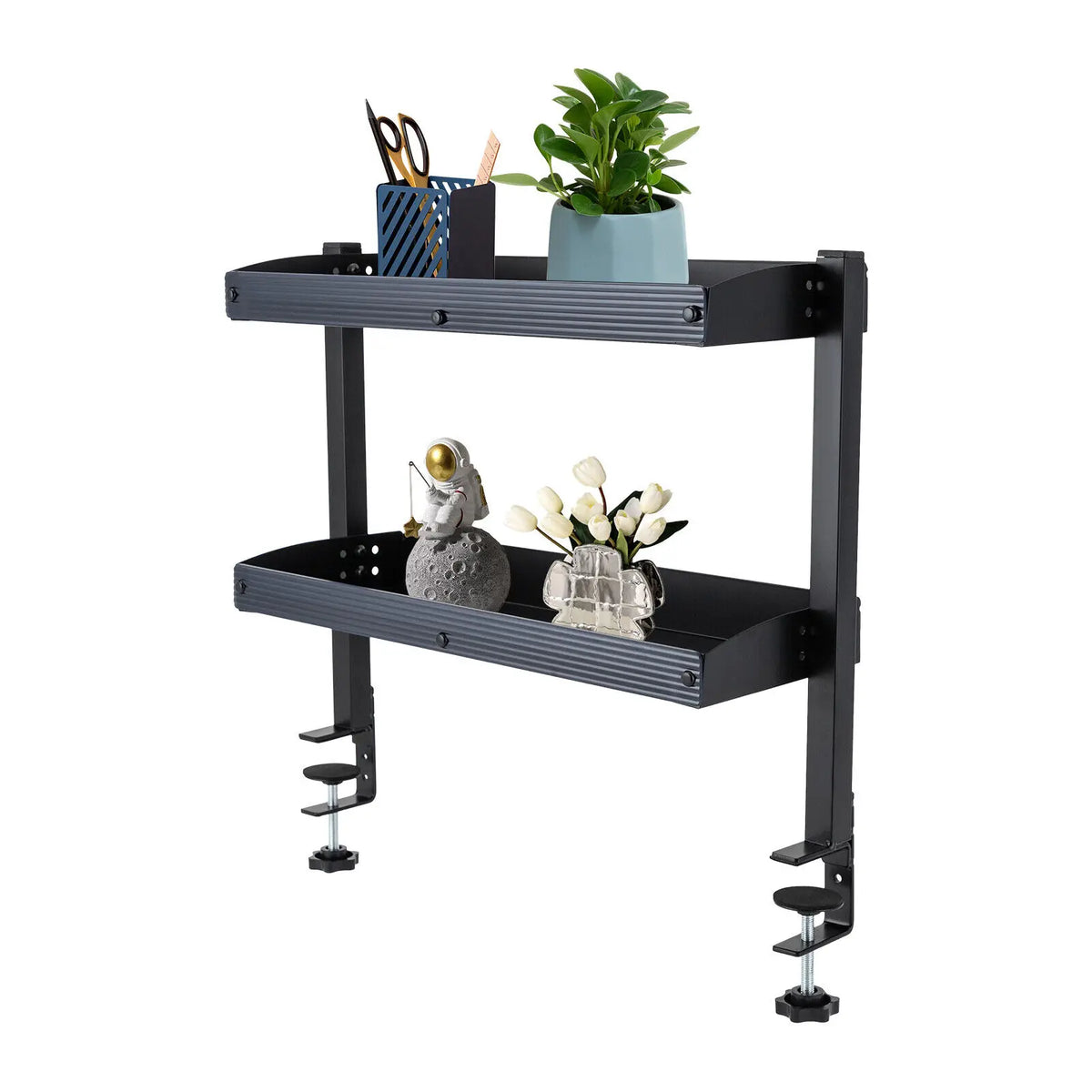Adjustable Metal 2-Tier Clamp-On Desktop Shelving With Tray