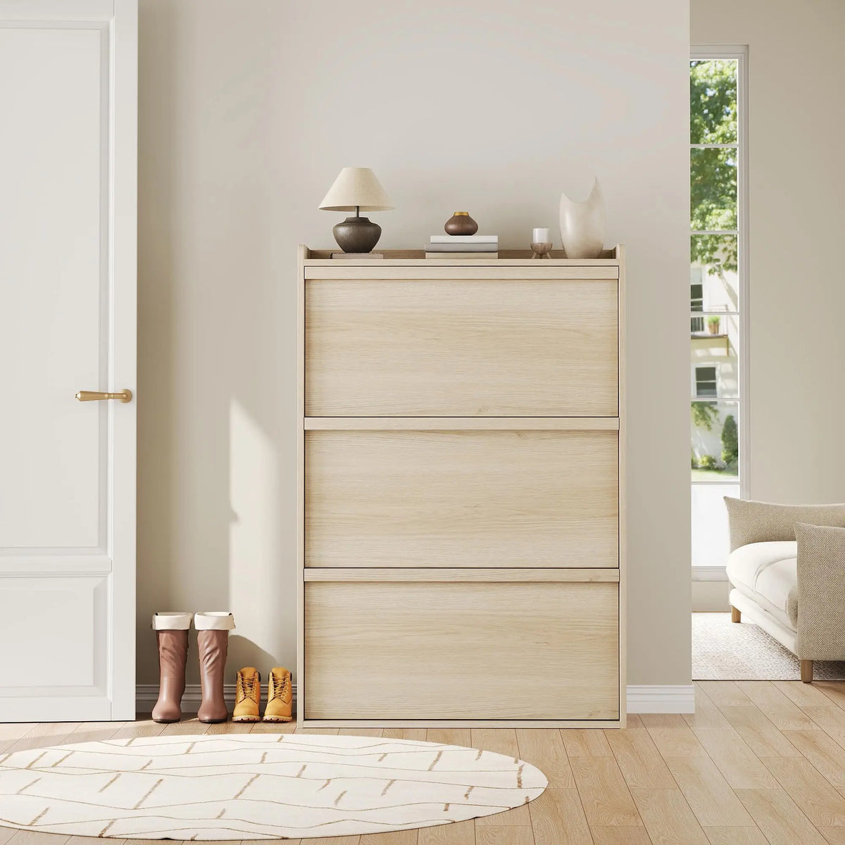 HiMISS 3 Drawer Wooden Shoe Cabinet Freestanding Home Storage Organizer