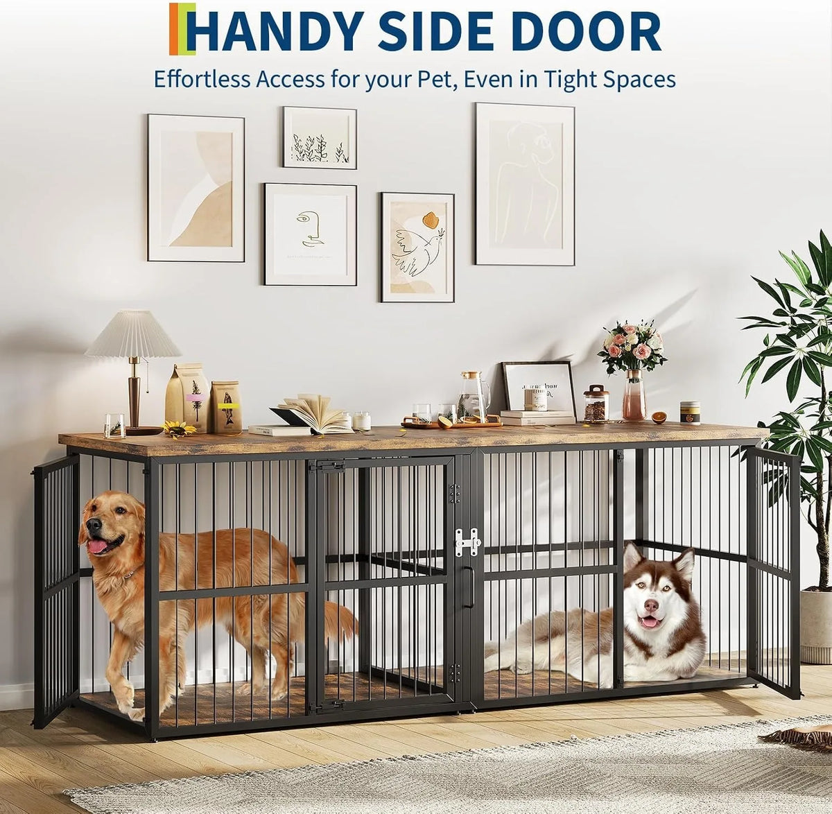 Double Wooden Dog Crate Furniture Cabinet With Divider And Storage