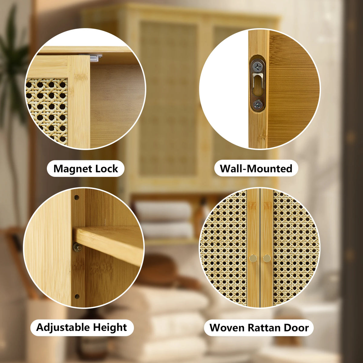 Bamboo Wall Cabinet With 3 Shelves And 2 Doors Bathroom