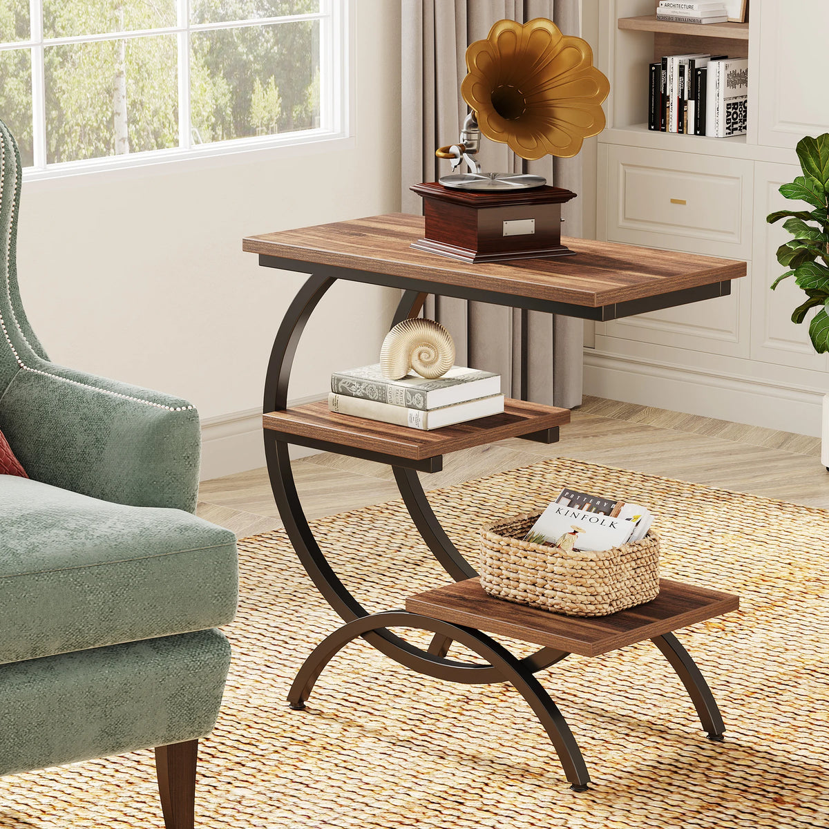 Tribesigns Industrial C Shaped End Table With Three Tier Storage
