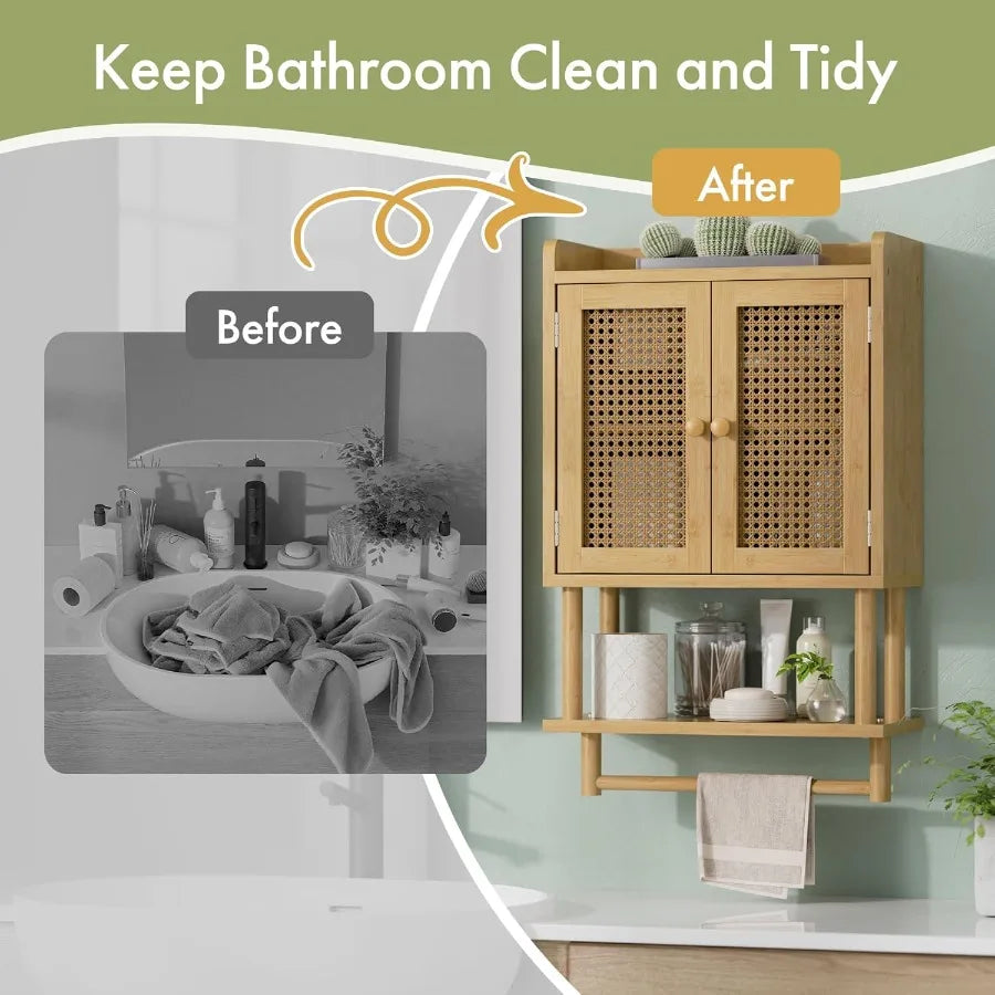 Xiuwo Bamboo Over Toilet Cabinet With Towel Bar For Bathroom