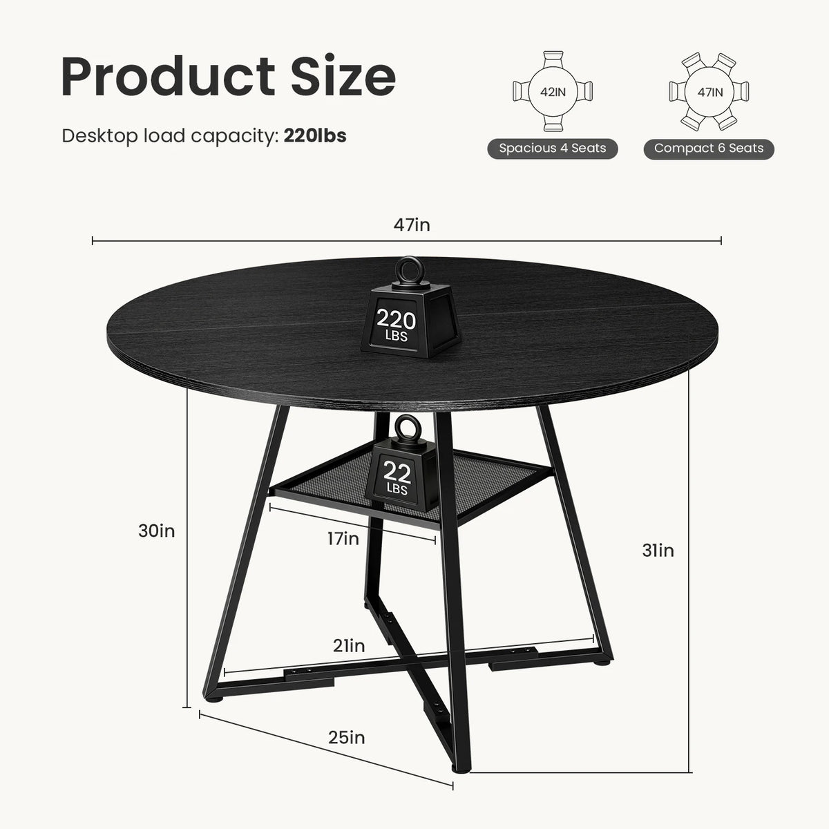 JHK Round Dining Table With Metal Pedestal And Storage Shelf