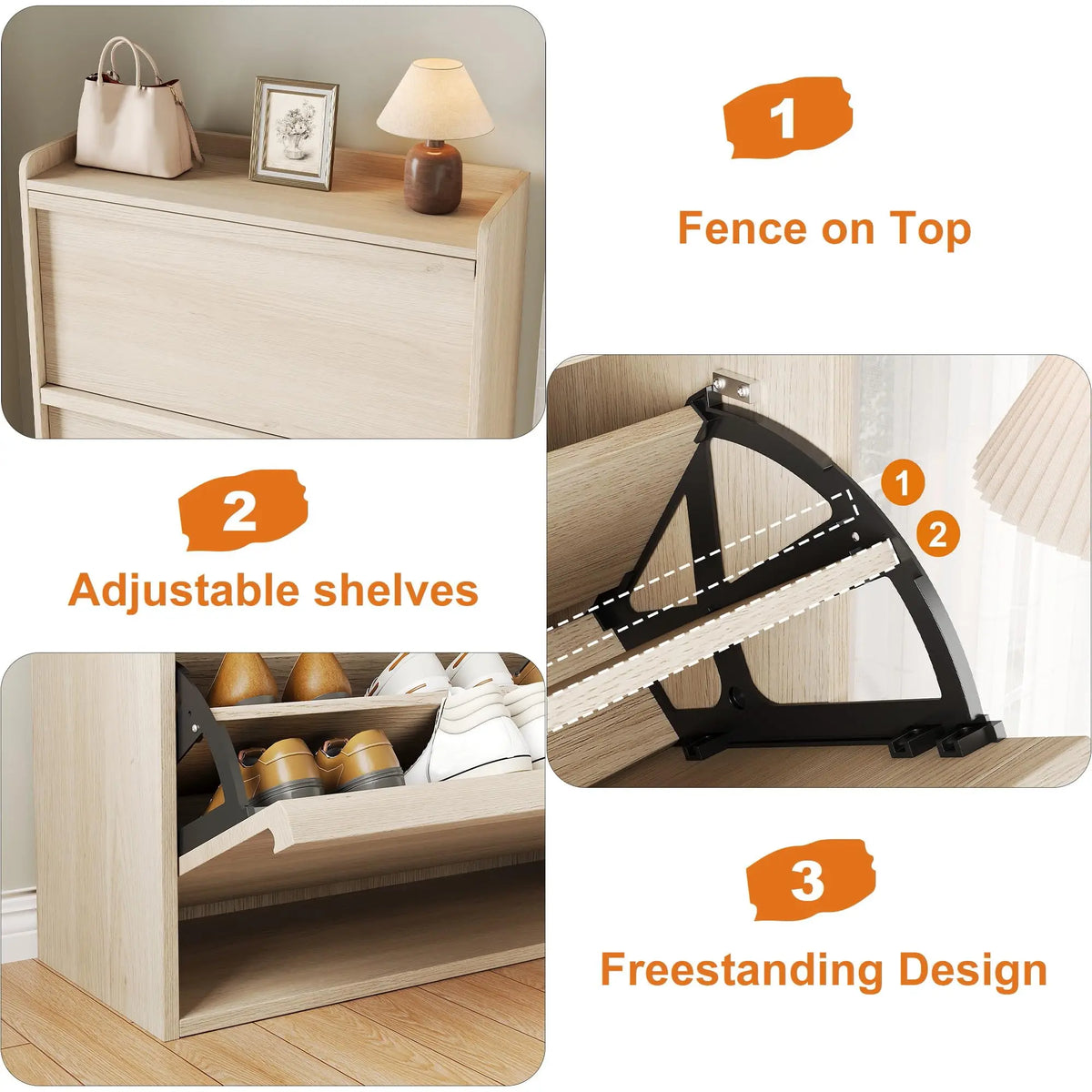 HiMISS 3 Drawer Wooden Shoe Cabinet Freestanding Home Storage Organizer