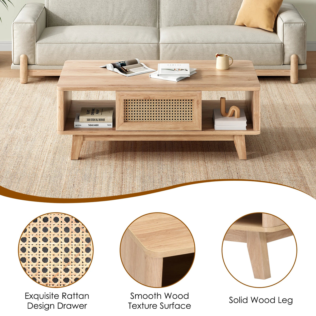 Farini Mid Century Modern Wood Coffee Table With Rattan Drawer
