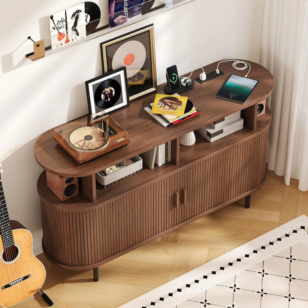Onbrill 55 Inch Walnut Mid Century Modern Turntable Cabinet