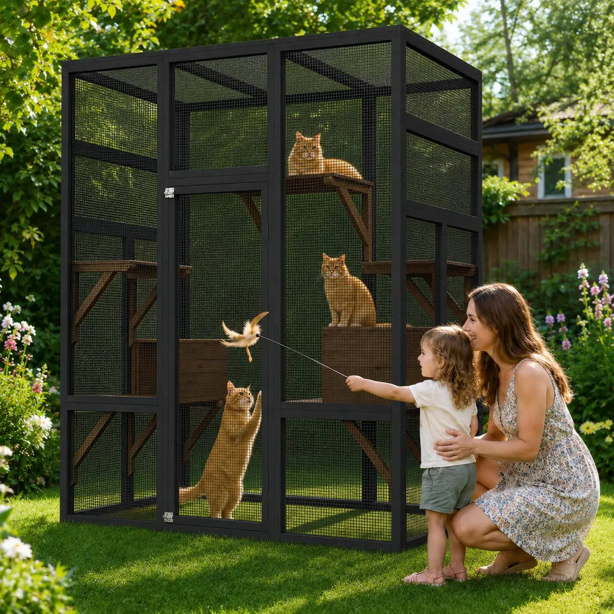 HiMiss Outdoor Catio Cat Enclosure Wooden Platform Rest Box