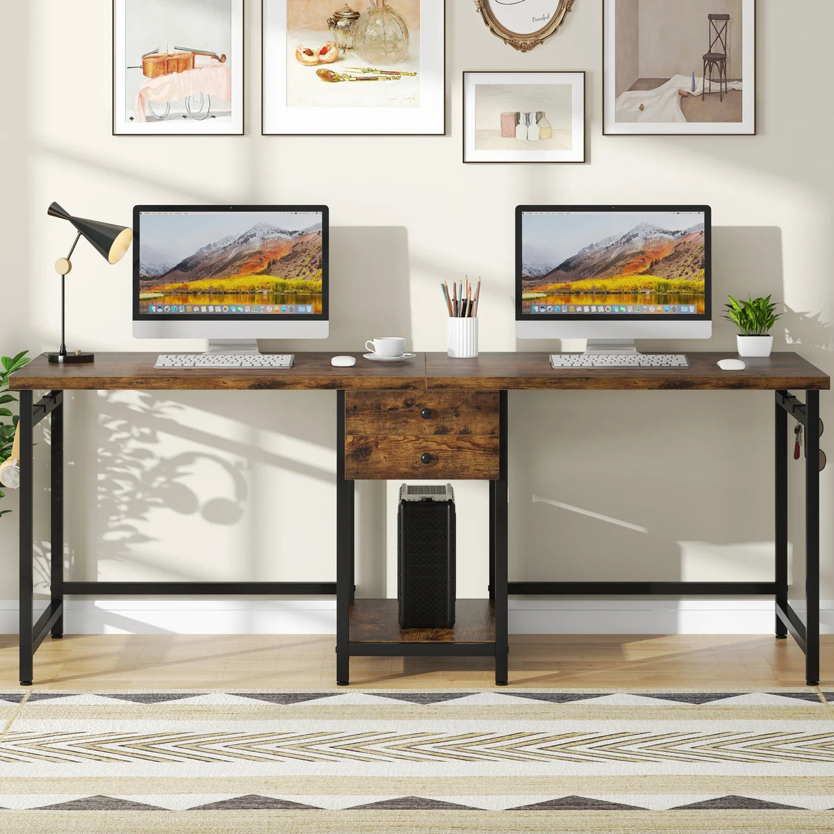 Tribesigns Wooden Double Computer Desk With Drawers And Shelves
