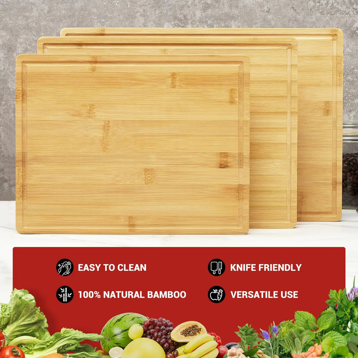 HiMISS Bamboo Cutting Board Set Of 3 With Deep Juice Grooves