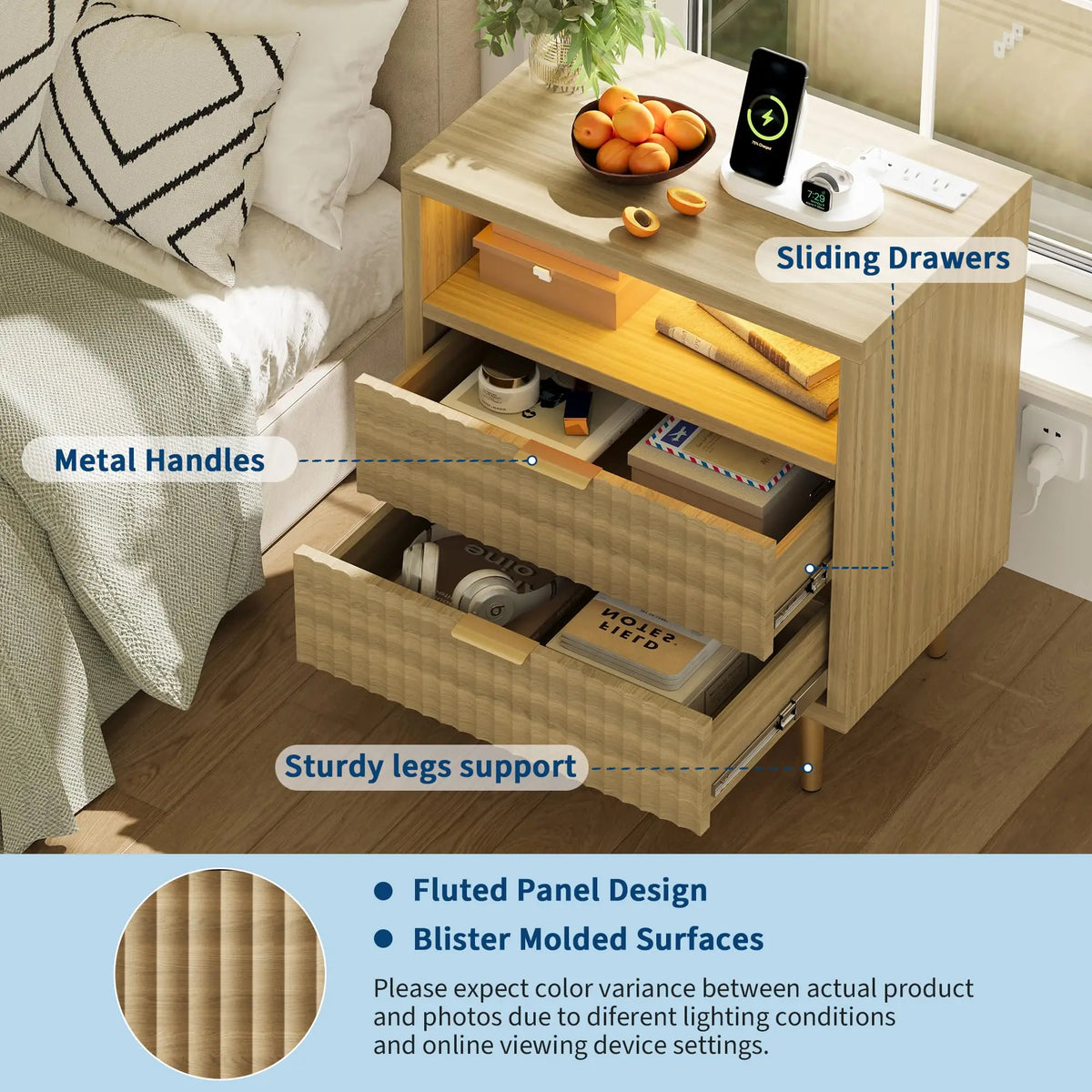 HiMISS Modern LED Nightstand With Charging Station And Two Drawers