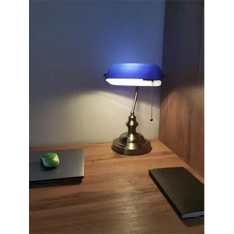 Glass Banker’s Desk Lamp With Zipper Switch Iron Body
